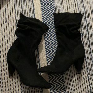 Black suede rouched zip small heeled booties, so cute for fall! Worn.